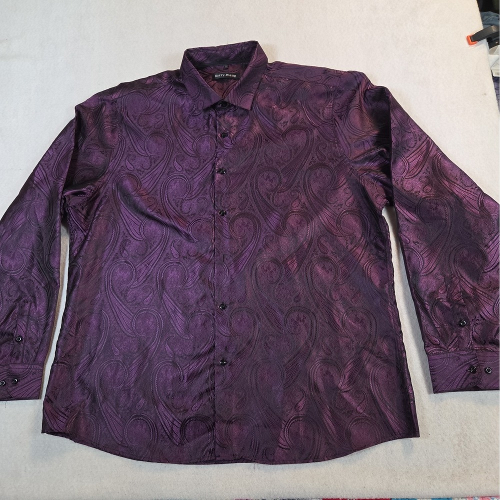 Barry Wang Mens Purple  Silk Poly Metallic Paisley L/S Button Dress Shirt 3XL